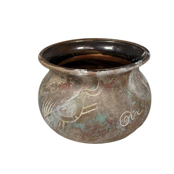 Vtg Kokopelli Petroglyph Studio Pottery Planter Bowl Tohono O'Odham ? NOT Signed - Picture 3 of 7
